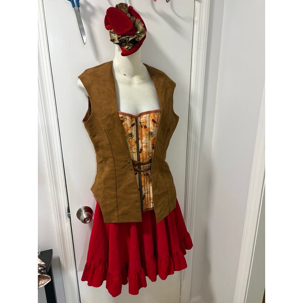 Festival red Victorian steampunk costume - corset tailcoat skirt and hat